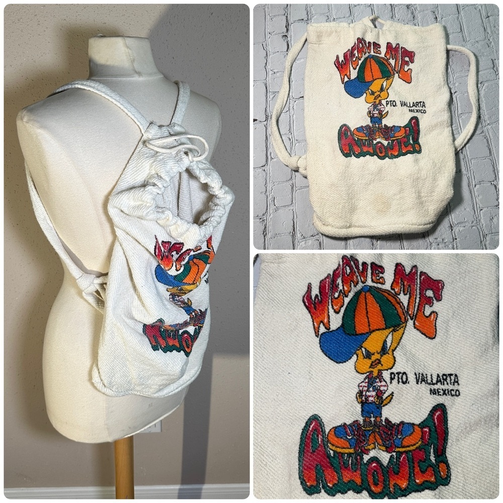 Tweety Bird Beach Bag Backpack “Weave me Awone!” Puerto Vallarta Mexico Souvenir